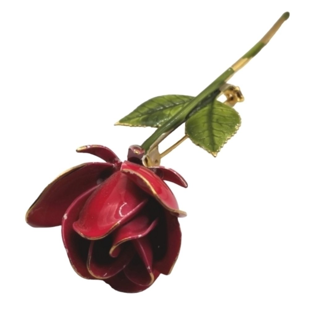 Vintage Enamel Long Stem Rose Bar Pin Brooch Red Green 4 Inches Long